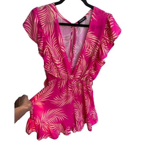 Women’s Pink Palm Leaf Print Deep V-Neck Flutter Sleeve Romper- Size Small - Picture 4 of 16